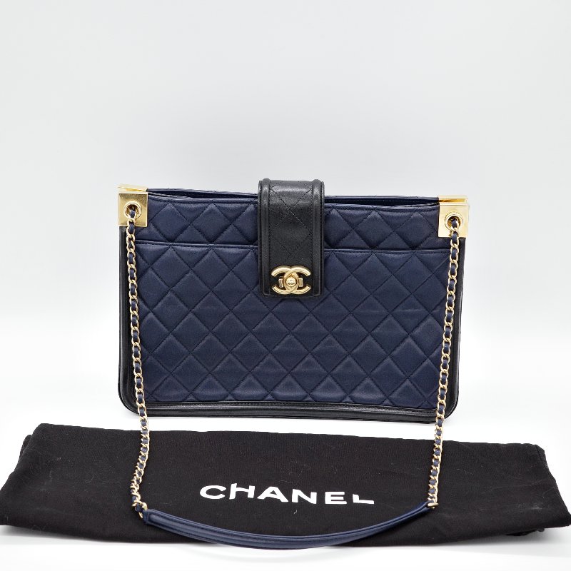 Chanel 香奈兒  Elegant CC 深藍色羊皮 菱格紋 托特包 肩背包-7