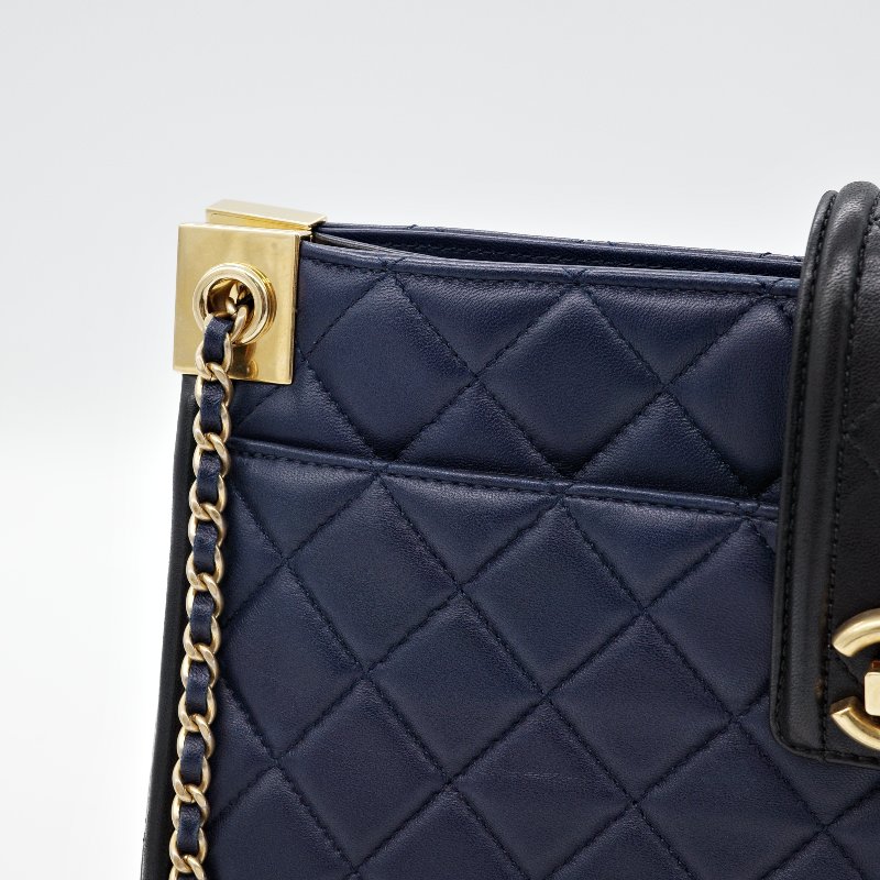 Chanel 香奈兒  Elegant CC 深藍色羊皮 菱格紋 托特包 肩背包-11