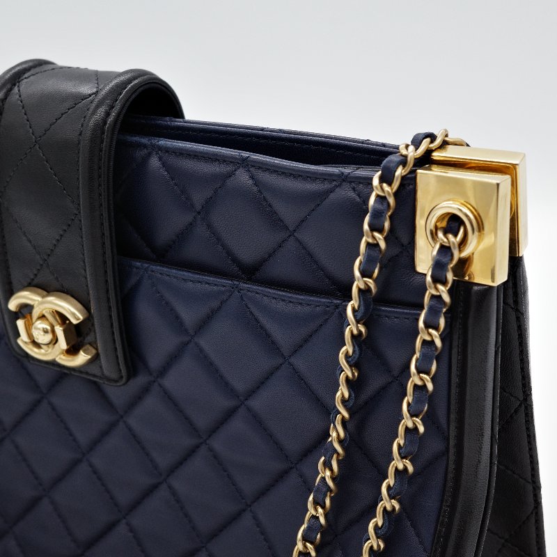 Chanel 香奈兒  Elegant CC 深藍色羊皮 菱格紋 托特包 肩背包-16