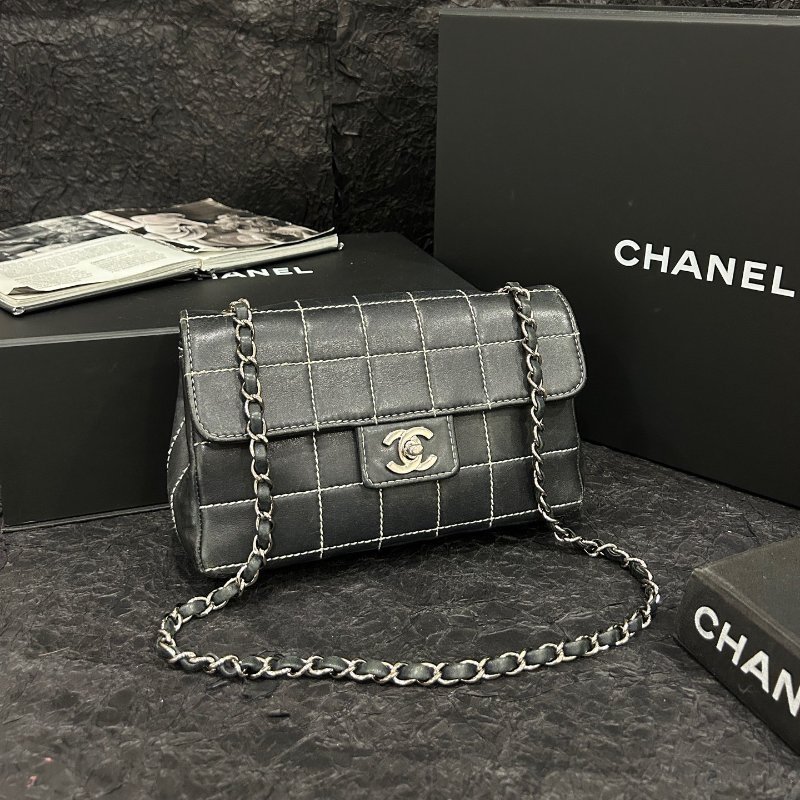 香奈兒/Chanel黑白格外縫線牛皮冰格大mini CF 鏈條包-0