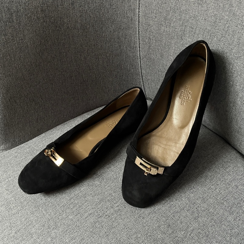 莉亞精品♡Hermes Kelly釦黑麂皮娃娃鞋#36 二手-0