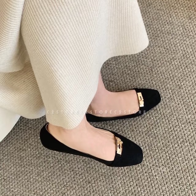 莉亞精品♡Hermes Kelly釦黑麂皮娃娃鞋#36 二手-1