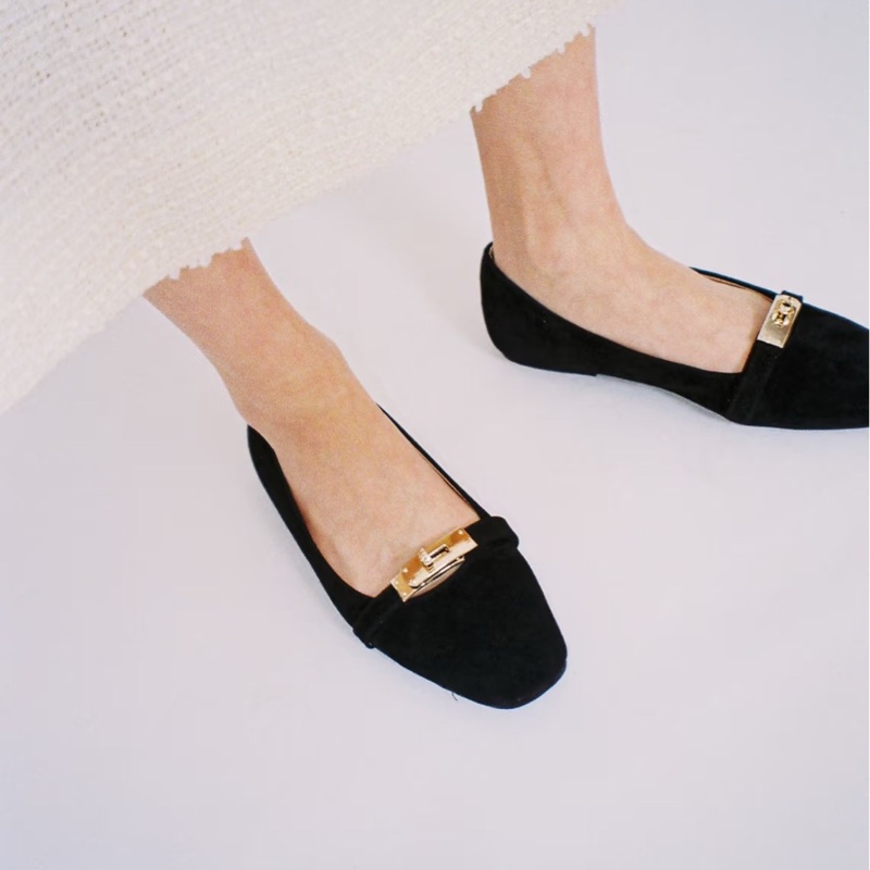 莉亞精品♡Hermes Kelly釦黑麂皮娃娃鞋#36 二手-3