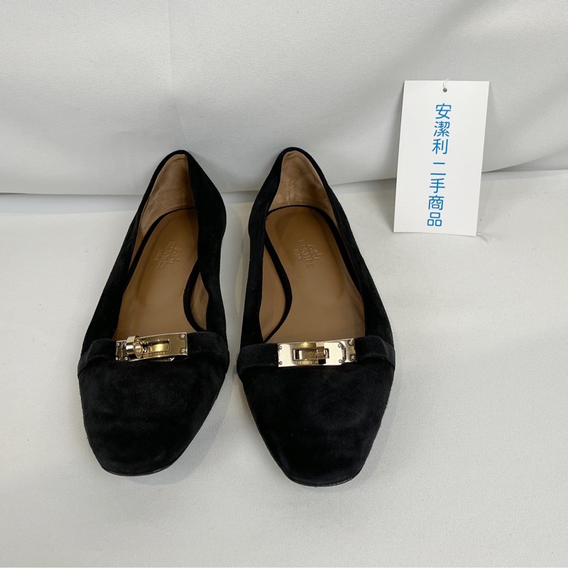 莉亞精品♡Hermes Kelly釦黑麂皮娃娃鞋#36 二手-4
