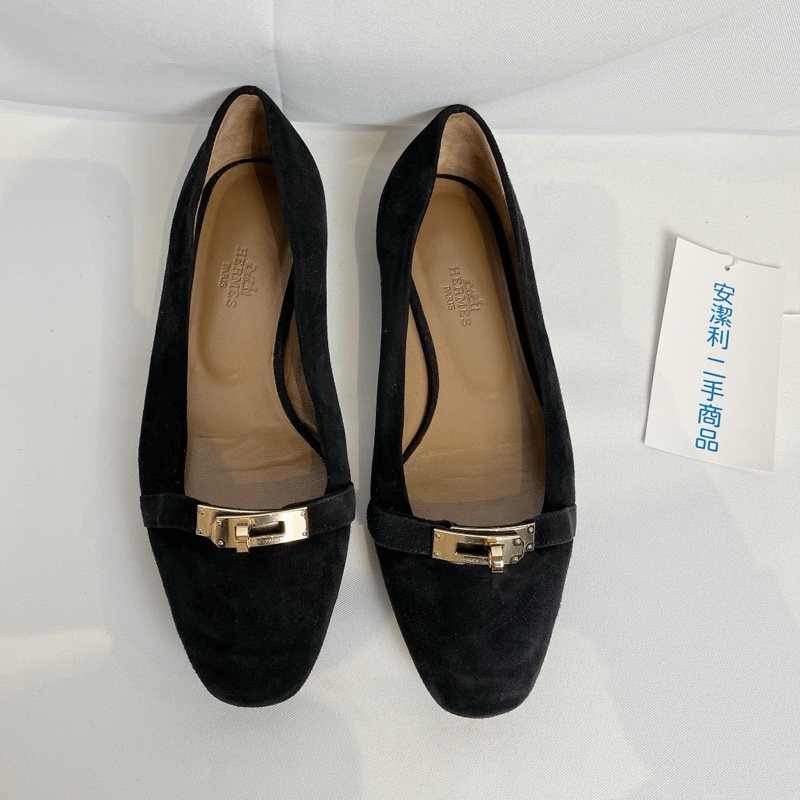 莉亞精品♡Hermes Kelly釦黑麂皮娃娃鞋#36 二手-6