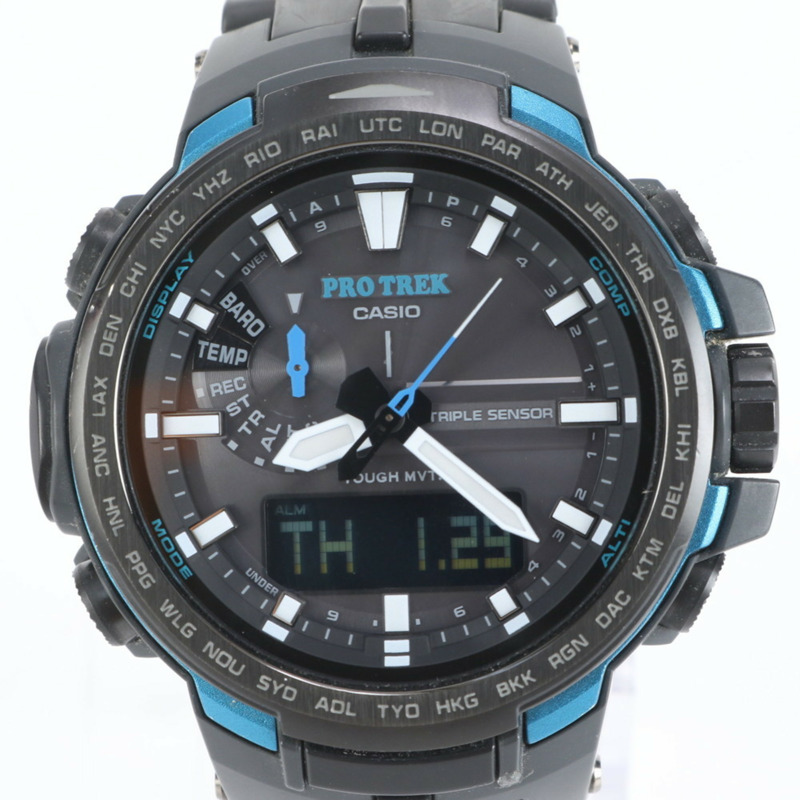 卡西歐 Pro Trek 太陽能電波手錶，指針/數位雙顯，PRW-6100Y，黑色，男士款-3