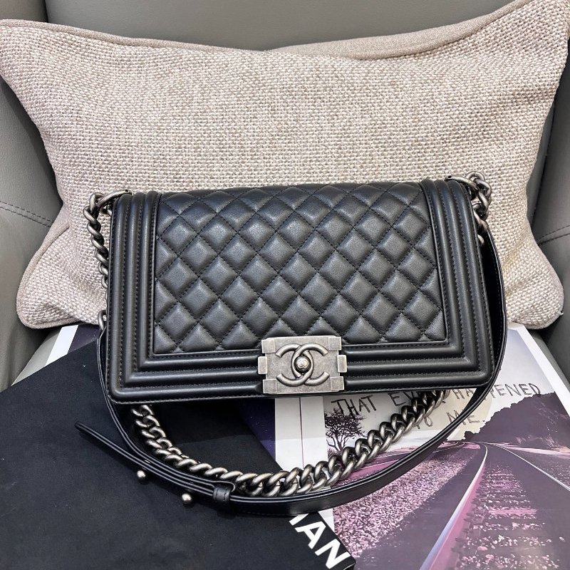 香奈兒/Chanel LEBOY中號黑銀牛皮菱格鏈條包-0