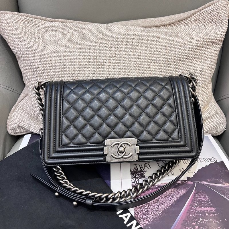 香奈兒/Chanel LEBOY中號黑銀牛皮菱格鏈條包-5