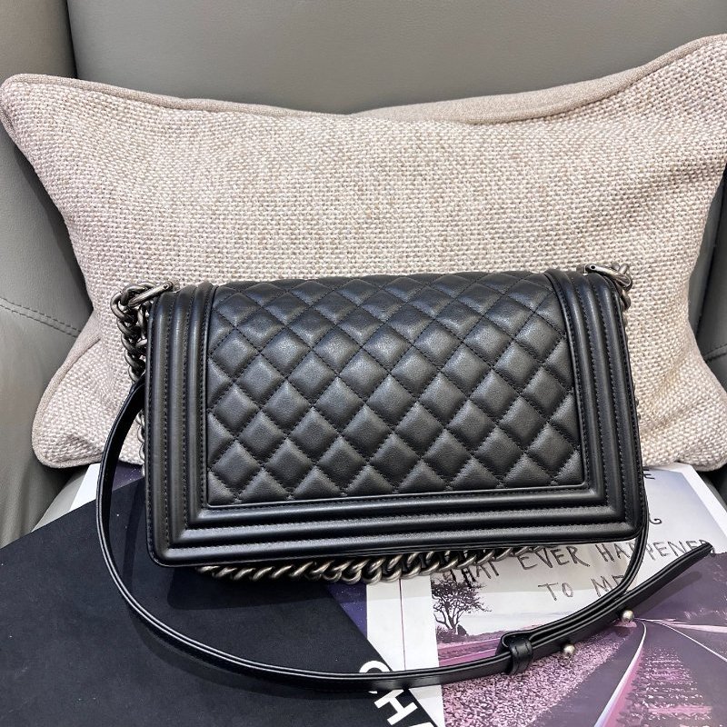 香奈兒/Chanel LEBOY中號黑銀牛皮菱格鏈條包-6