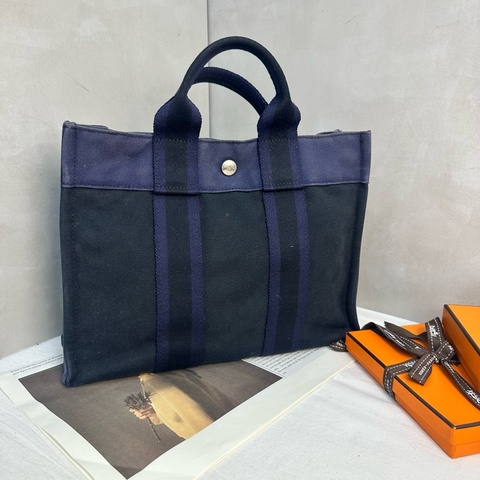 Hermès 中古紫拼黑小號帆布手袋