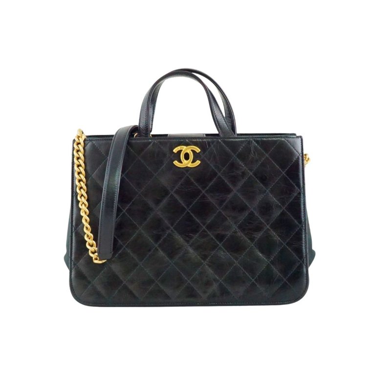 CHANEL 香奈兒 黑色皺紋牛皮手提肩背二用包-0