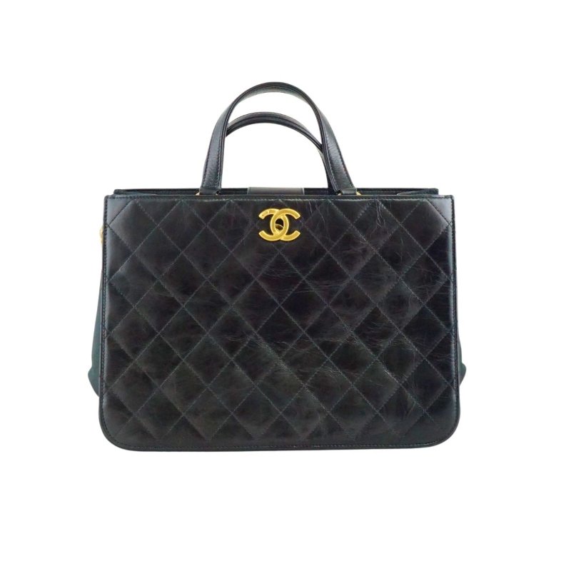CHANEL 香奈兒 黑色皺紋牛皮手提肩背二用包-3