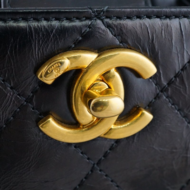 CHANEL 香奈兒 黑色皺紋牛皮手提肩背二用包-15