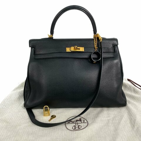 △ Hermes 愛馬仕 Black Clemence Calfskin Gold Plated Metal Kelly 35 2 Way Bag Stamp [D] 黑色粒紋小牛皮鍍金金屬兩用袋[D]刻 - 257028689