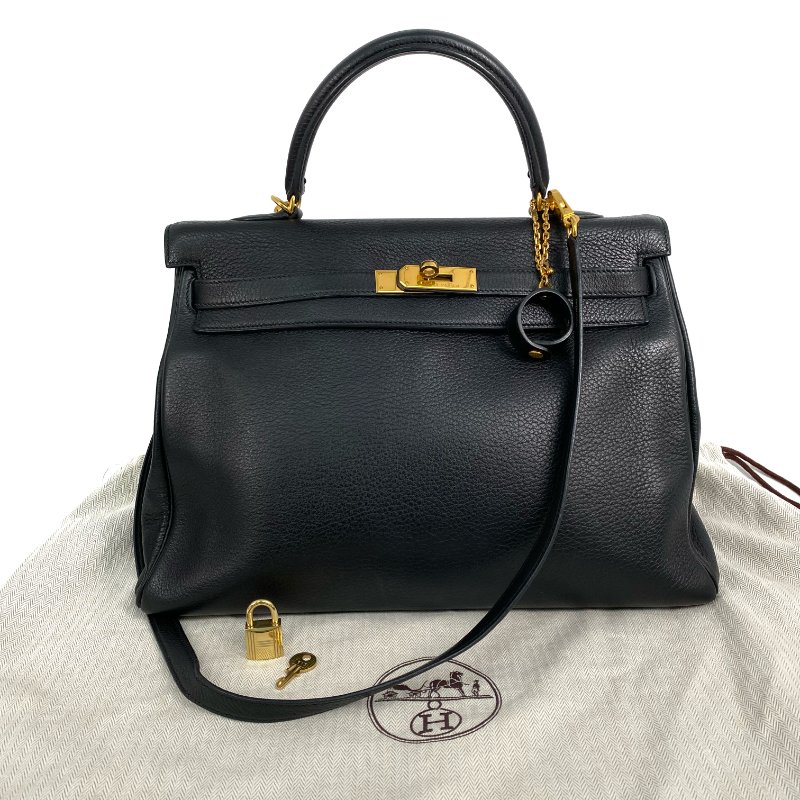 △ Hermes 愛馬仕 Black Clemence Calfskin Gold Plated Metal Kelly 35 2 Way Bag Stamp [D] 黑色粒紋小牛皮鍍金金屬兩用袋[D]刻 - 257028689-0
