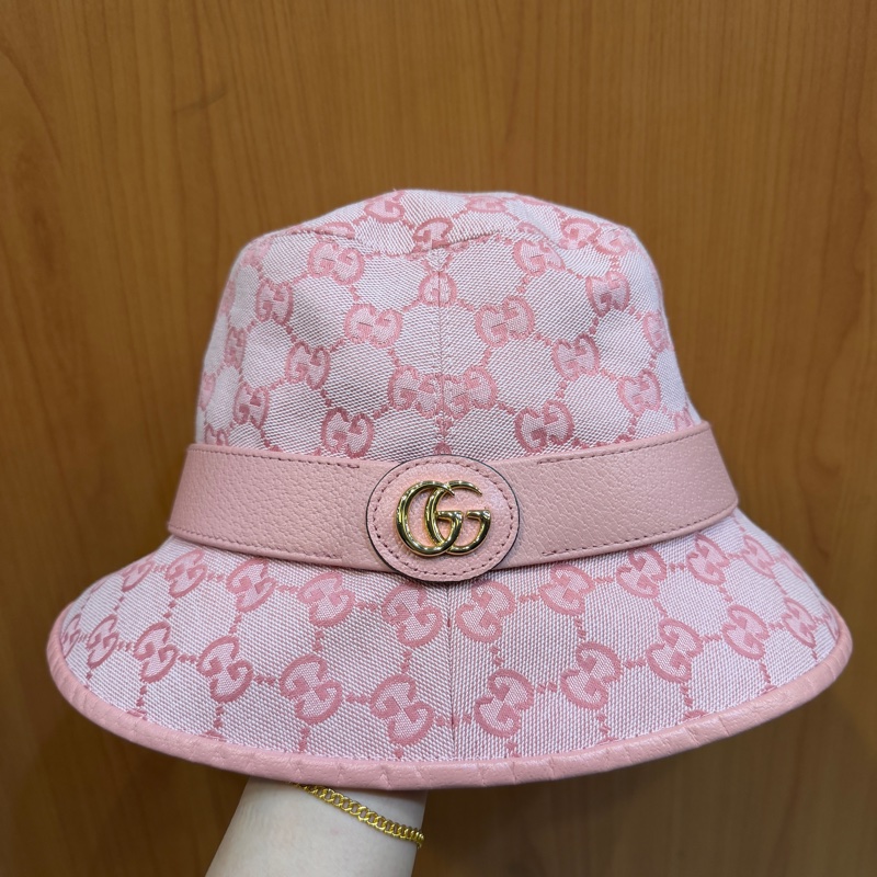 Gucci 粉提花布粉牛皮GG漁夫帽-0