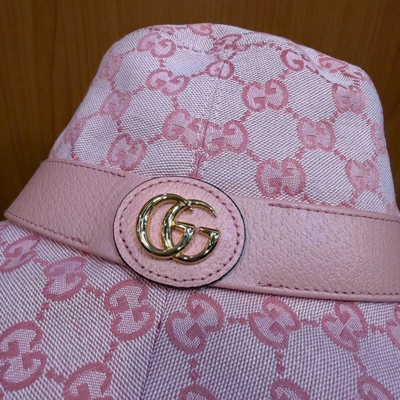 Gucci 粉提花布粉牛皮GG漁夫帽-1