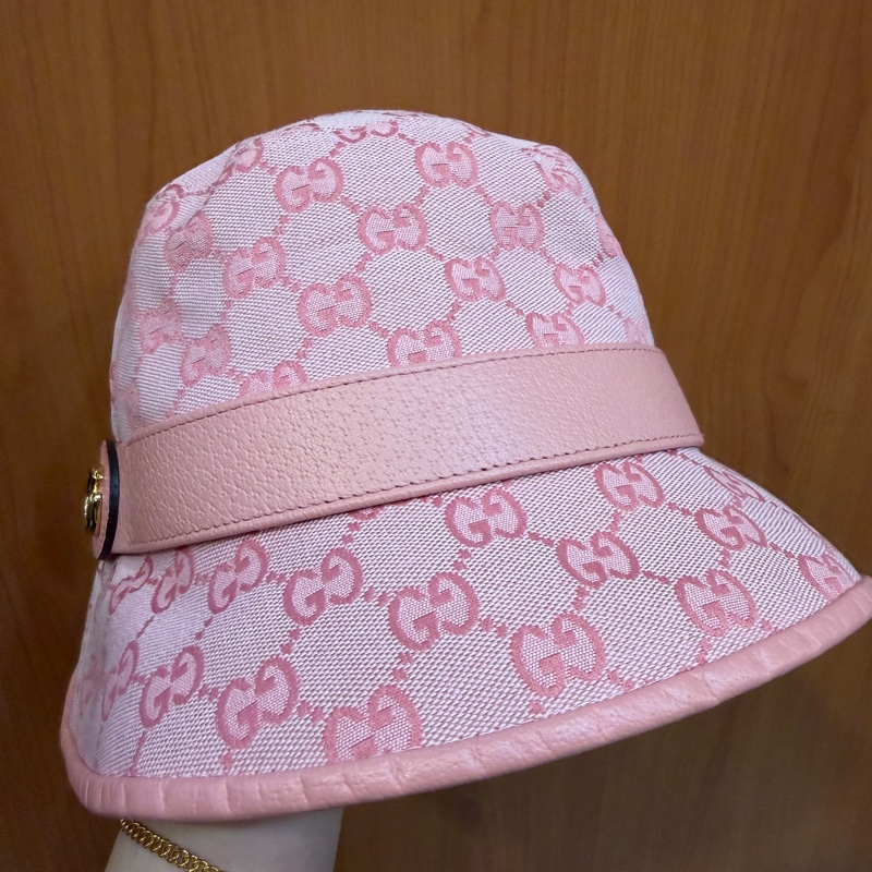 Gucci 粉提花布粉牛皮GG漁夫帽-2