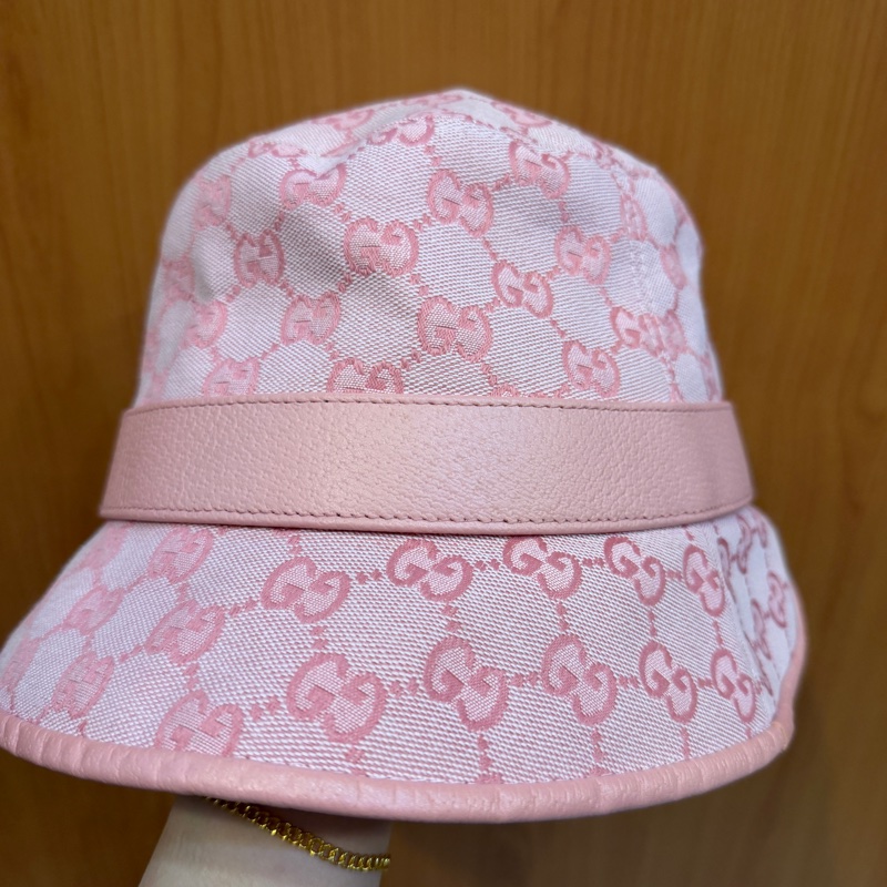 Gucci 粉提花布粉牛皮GG漁夫帽-3