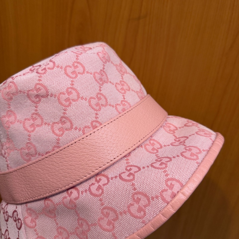 Gucci 粉提花布粉牛皮GG漁夫帽-7