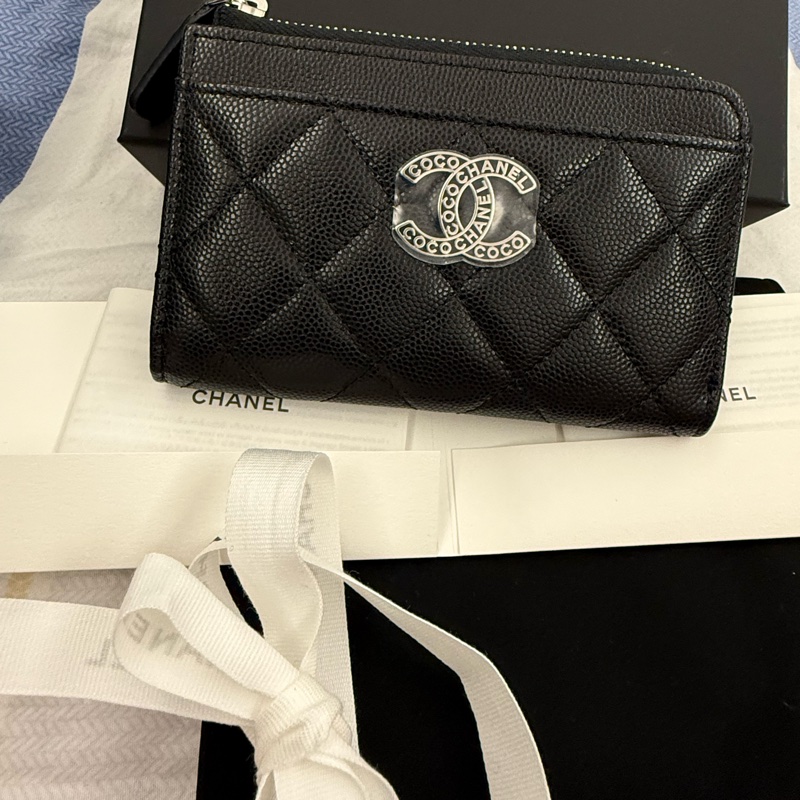 Chanel coco Chanel雙C大LOGO 黑銀時尚 限量特殊內裡 卡包 零錢包-0