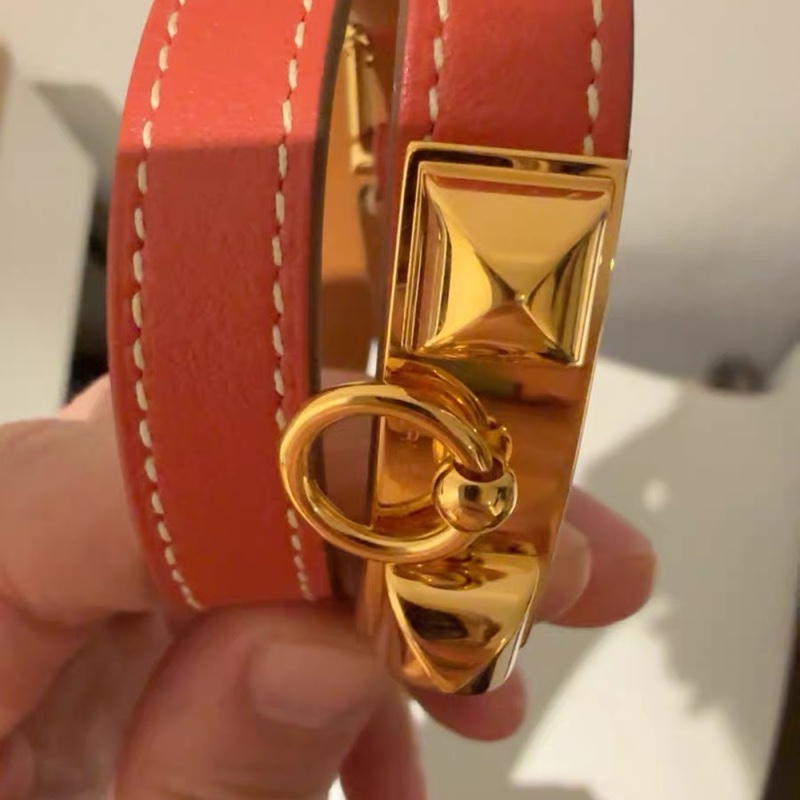 未使用 Hermès CDC 經典鉚釘手環 雙圈｜橘色｜金色五金｜附盒緞帶-6