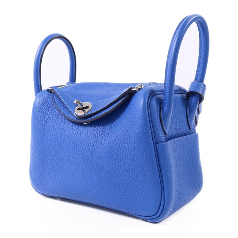 HERMES Clemence皮革Mini Lindy銀扣手挽肩背兩用袋Bleu Hydra-1