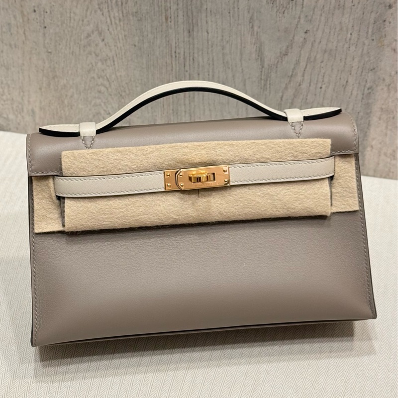 Hermes Mini Kelly Pochette VIP訂製款 M8 銀河灰拼8L冰川白 swift 金釦B刻-0