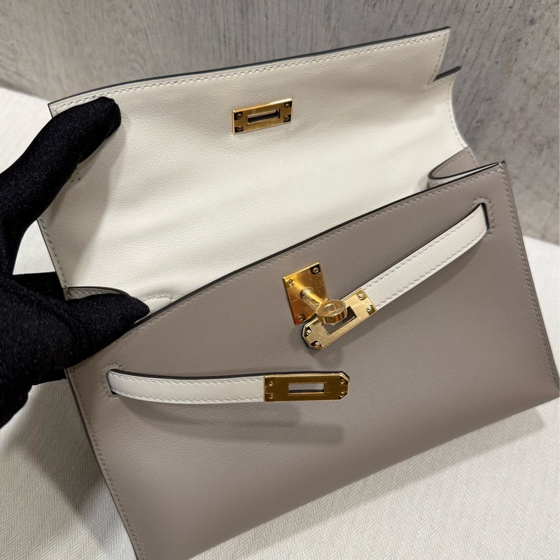 Hermes Mini Kelly Pochette VIP訂製款 M8 銀河灰拼8L冰川白 swift 金釦B刻-5