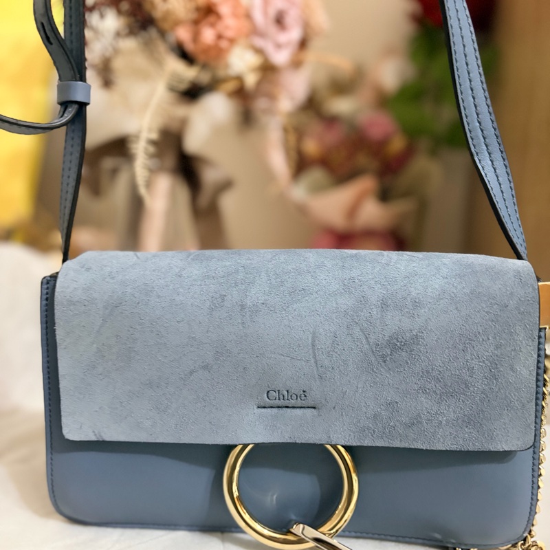 Chloé Faye 藍灰色麂皮拼接肩背包｜有購證-0