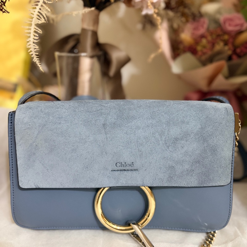 Chloé Faye 藍灰色麂皮拼接肩背包｜有購證-1