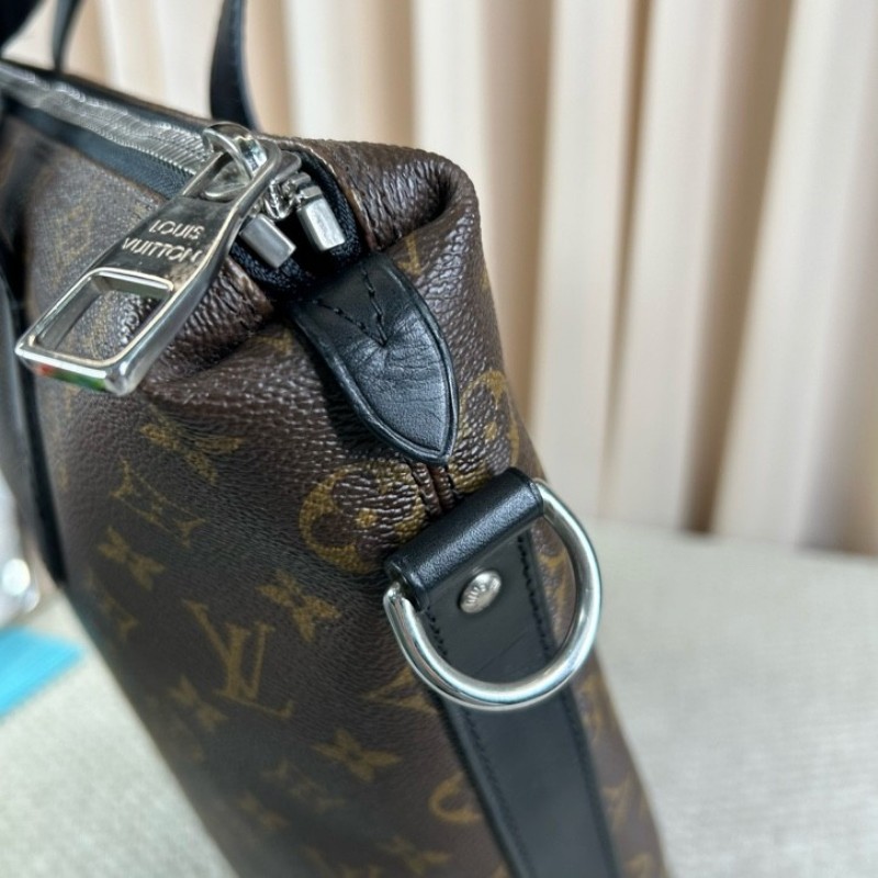 LV路易威登老花拼黑男士手提包公文包 棕色老花配黑色皮邊 容量大 內裡乾淨 有肩帶可單肩可斜挎可手提 適合商務通勤-10