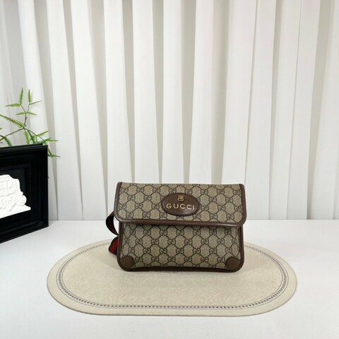 GUCCI古馳  Neo Vintage系列 燙金徽標老花滿印虎頭裝飾條紋肩帶 帆布拼皮 郵差包 腰包斜挎包 小號 烏木色/棕色