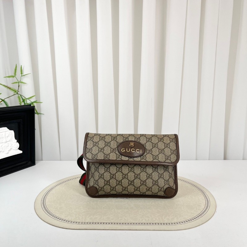GUCCI古馳  Neo Vintage系列 燙金徽標老花滿印虎頭裝飾條紋肩帶 帆布拼皮 郵差包 腰包斜挎包 小號 烏木色/棕色-0