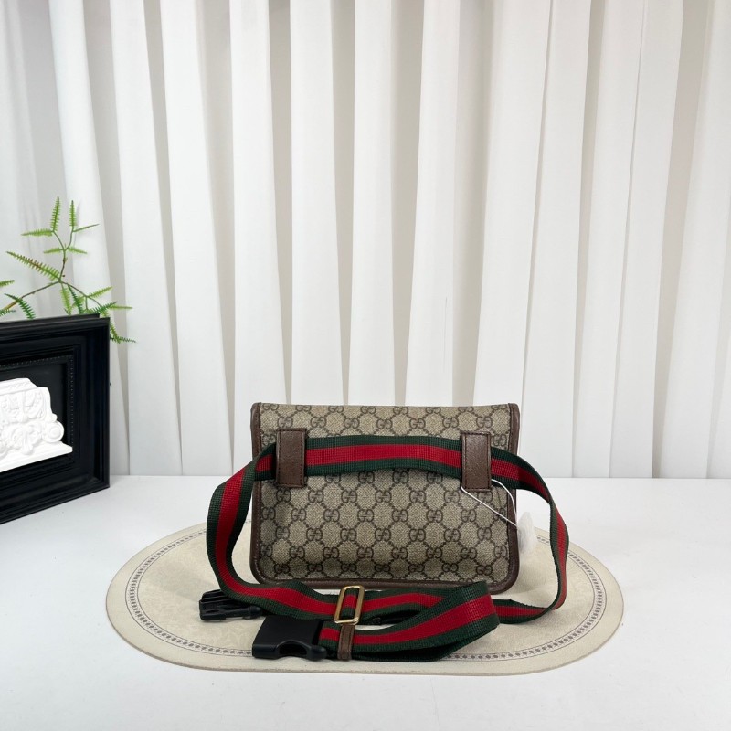 GUCCI古馳  Neo Vintage系列 燙金徽標老花滿印虎頭裝飾條紋肩帶 帆布拼皮 郵差包 腰包斜挎包 小號 烏木色/棕色-1
