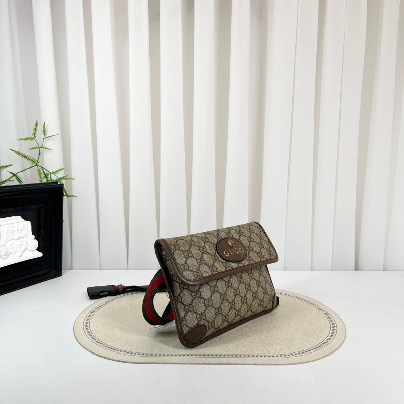 GUCCI古馳  Neo Vintage系列 燙金徽標老花滿印虎頭裝飾條紋肩帶 帆布拼皮 郵差包 腰包斜挎包 小號 烏木色/棕色-2