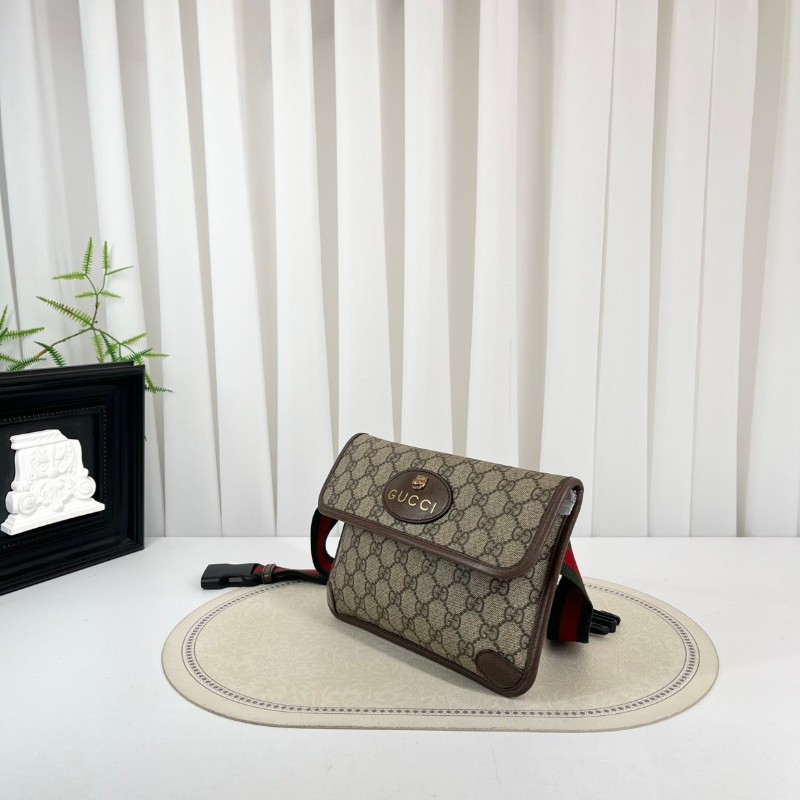GUCCI古馳  Neo Vintage系列 燙金徽標老花滿印虎頭裝飾條紋肩帶 帆布拼皮 郵差包 腰包斜挎包 小號 烏木色/棕色-3