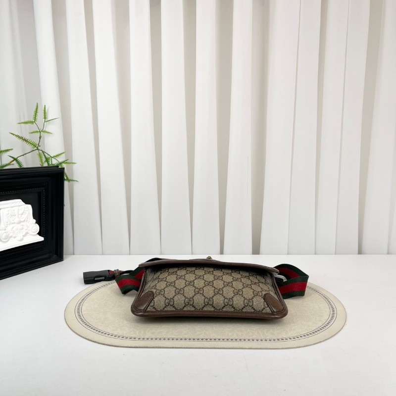 GUCCI古馳  Neo Vintage系列 燙金徽標老花滿印虎頭裝飾條紋肩帶 帆布拼皮 郵差包 腰包斜挎包 小號 烏木色/棕色-4
