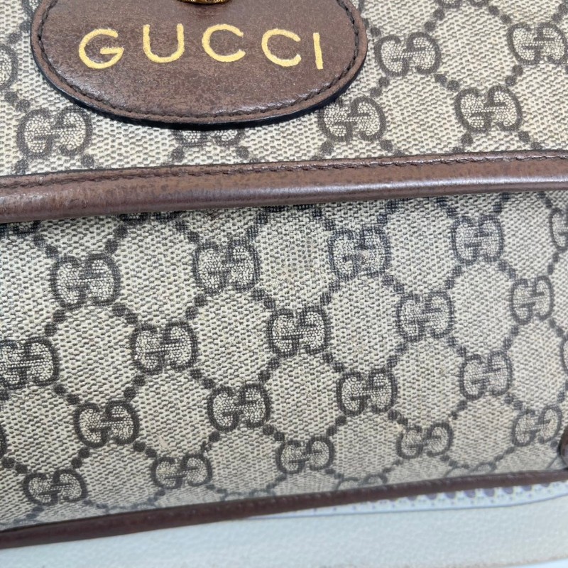 GUCCI古馳  Neo Vintage系列 燙金徽標老花滿印虎頭裝飾條紋肩帶 帆布拼皮 郵差包 腰包斜挎包 小號 烏木色/棕色-7