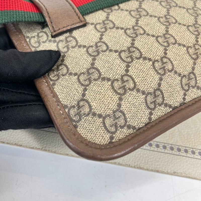 GUCCI古馳  Neo Vintage系列 燙金徽標老花滿印虎頭裝飾條紋肩帶 帆布拼皮 郵差包 腰包斜挎包 小號 烏木色/棕色-9
