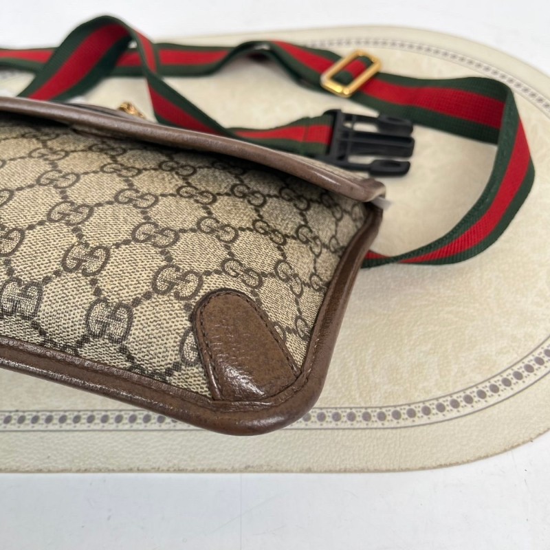GUCCI古馳  Neo Vintage系列 燙金徽標老花滿印虎頭裝飾條紋肩帶 帆布拼皮 郵差包 腰包斜挎包 小號 烏木色/棕色-10
