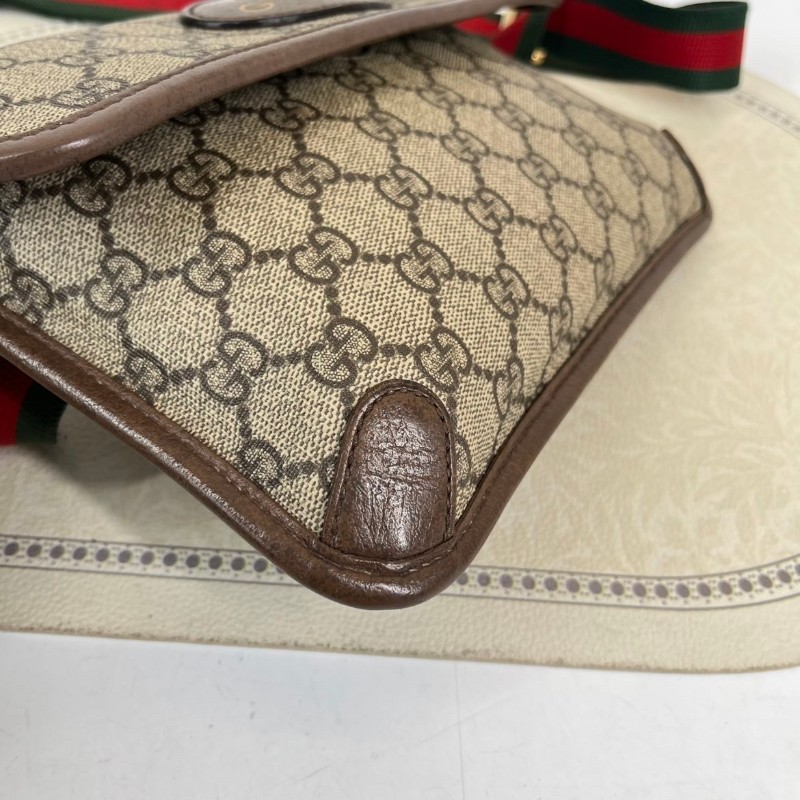 GUCCI古馳  Neo Vintage系列 燙金徽標老花滿印虎頭裝飾條紋肩帶 帆布拼皮 郵差包 腰包斜挎包 小號 烏木色/棕色-11