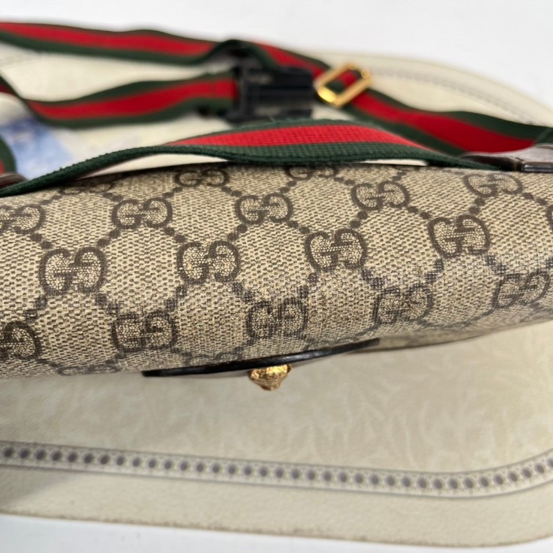 GUCCI古馳  Neo Vintage系列 燙金徽標老花滿印虎頭裝飾條紋肩帶 帆布拼皮 郵差包 腰包斜挎包 小號 烏木色/棕色-13