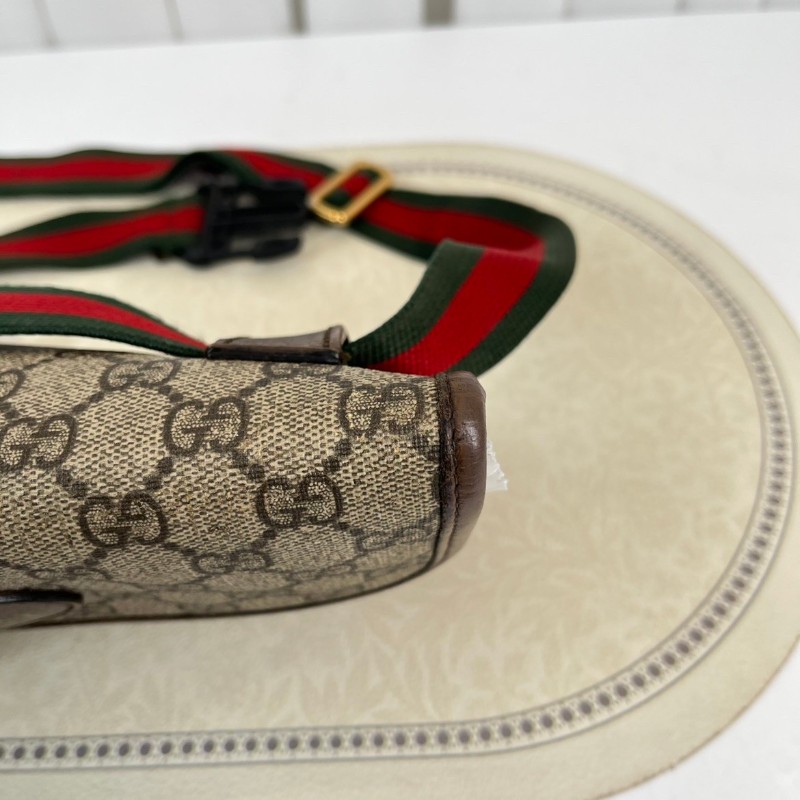 GUCCI古馳  Neo Vintage系列 燙金徽標老花滿印虎頭裝飾條紋肩帶 帆布拼皮 郵差包 腰包斜挎包 小號 烏木色/棕色-14