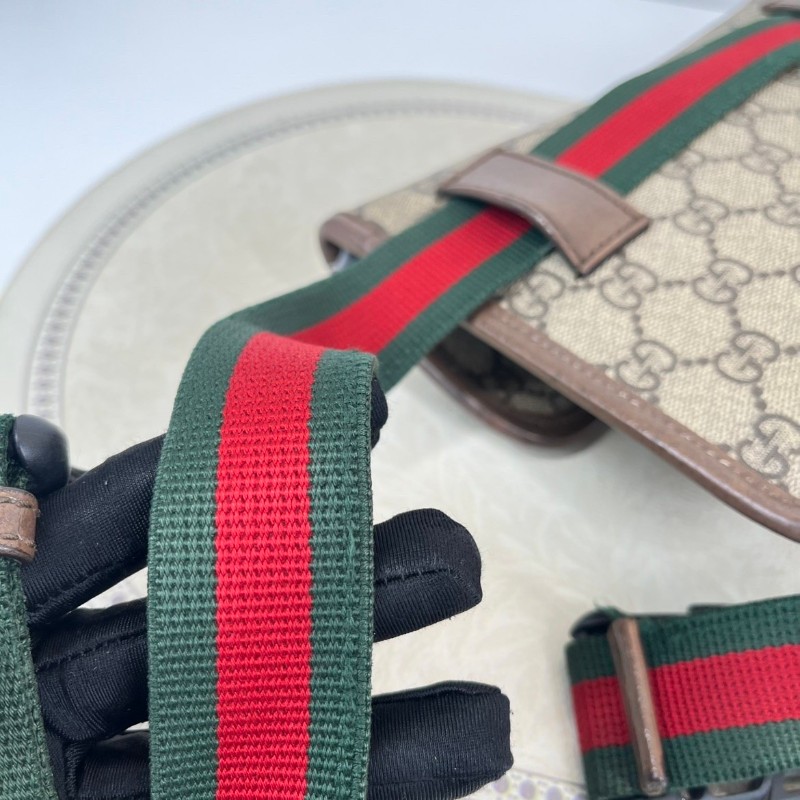 GUCCI古馳  Neo Vintage系列 燙金徽標老花滿印虎頭裝飾條紋肩帶 帆布拼皮 郵差包 腰包斜挎包 小號 烏木色/棕色-21