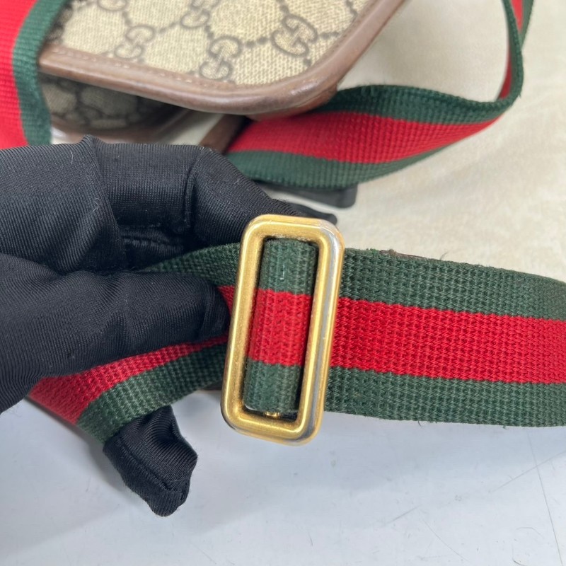 GUCCI古馳  Neo Vintage系列 燙金徽標老花滿印虎頭裝飾條紋肩帶 帆布拼皮 郵差包 腰包斜挎包 小號 烏木色/棕色-22