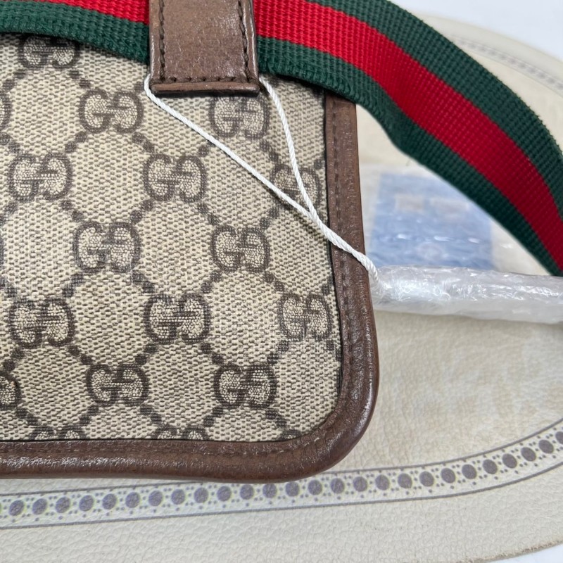 GUCCI古馳  Neo Vintage系列 燙金徽標老花滿印虎頭裝飾條紋肩帶 帆布拼皮 郵差包 腰包斜挎包 小號 烏木色/棕色-24