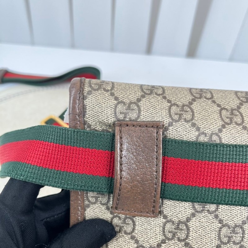 GUCCI古馳  Neo Vintage系列 燙金徽標老花滿印虎頭裝飾條紋肩帶 帆布拼皮 郵差包 腰包斜挎包 小號 烏木色/棕色-25
