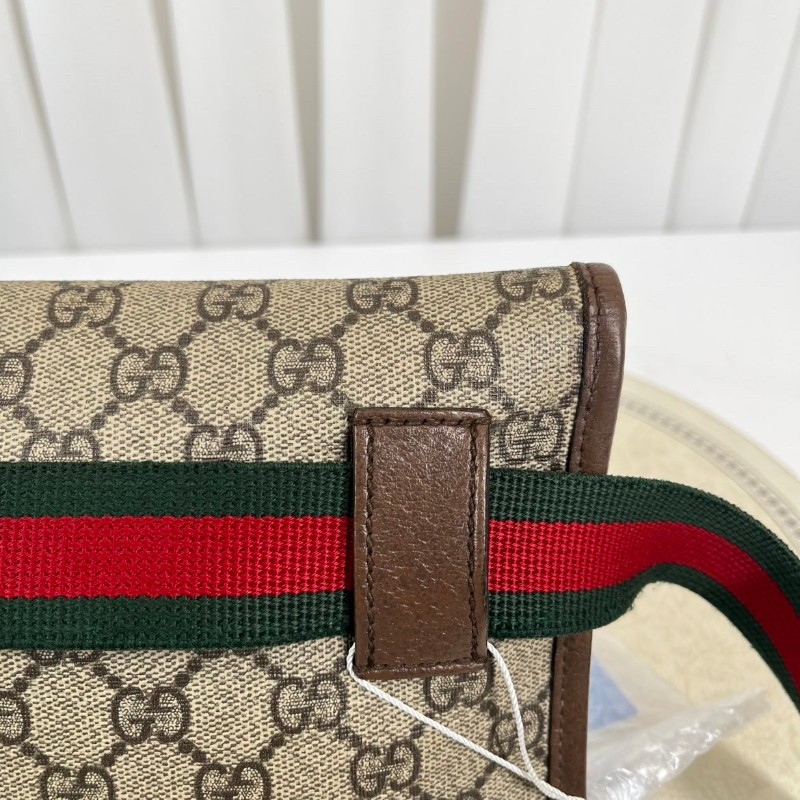 GUCCI古馳  Neo Vintage系列 燙金徽標老花滿印虎頭裝飾條紋肩帶 帆布拼皮 郵差包 腰包斜挎包 小號 烏木色/棕色-26