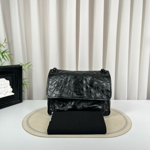 SAINT LAURENT聖羅蘭 Niki黑色小牛皮logo復古皺褶 鏈條包 可單肩手提 油蠟皮 上身效果超級美膩